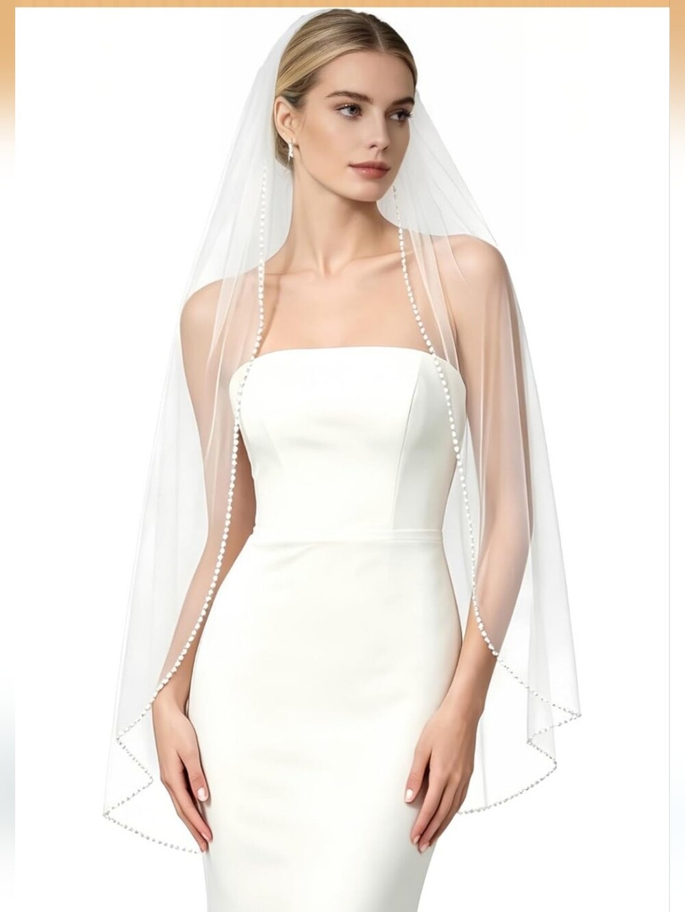 Fingertip Length Wedding Veil with Pearl Crystal Beaded Edge